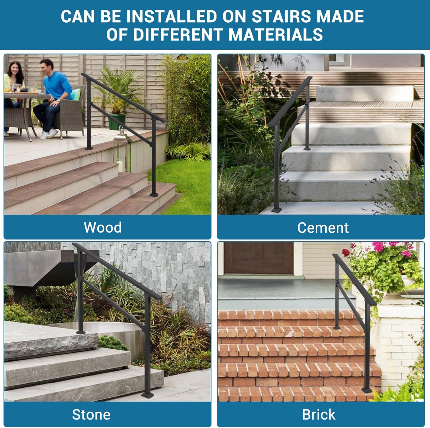 Garvee Barandilla para Escalera de 5 Peldaños Estilo Curvado de Acero Reforzado para Embellecimiento de Jardines y Porches Negro
