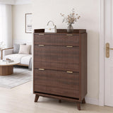 Garvee Zapatero Estrecho de 36 cm con Paneles Acanalados y 2 Cajones Abatibles para Entrada, Mueble de Madera MDF con Cajón Superior, Nogal Negro - Nogal Negro