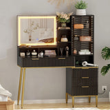 Garvee Escritorio Tocador Fluted con Espejo Iluminado, 3 Luces Ajustables, 5 Cajones, Metal Negro y Dorado para Dormitorio 114 cm