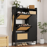 Garvee Mueble Zapatero de MDF y Ratán PE con 3 Cajones Abatibles Estante Ajustable para Entrada o Pasillo Negro - Negro