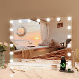 Garvee Espejo De Tocador Con Luces LED 15 Bombillas Dimmables, 3X Aumento, Metal Blanco, Control Táctil, Base Desmontable Para Dormitorio