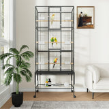 Garvee Voliere Grande Para Pájaros 81x47x175cm Con Ruedas 360°, 3 Niveles, Metal Resistente, Perchas De Madera Natural, Interior Y Exterior