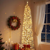 Garvee Árbol de Navidad Pencil 183 cm Preiluminado con 170 LED Luz Cálida, PVC Duradero, Base Metálica Plegable, Nieve Artificial, Ideal para Hogar y Oficina - Blanco Flocado