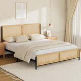 Garvee Cama Completa Boho con Cabecera y Pie de Rattan Natural, Estructura Metálica Robusta, Almacenaje Bajo Cama, Fácil Montaje, Silenciosa para Dormitorio