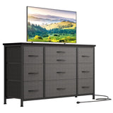 Garvee Commode 10 Tiroirs en Tissu Avec Station de Charge Intégrée Pour Chambre Enfant et Adulte 121x39x70 cm Style Industriel Métal et MDF - Gris