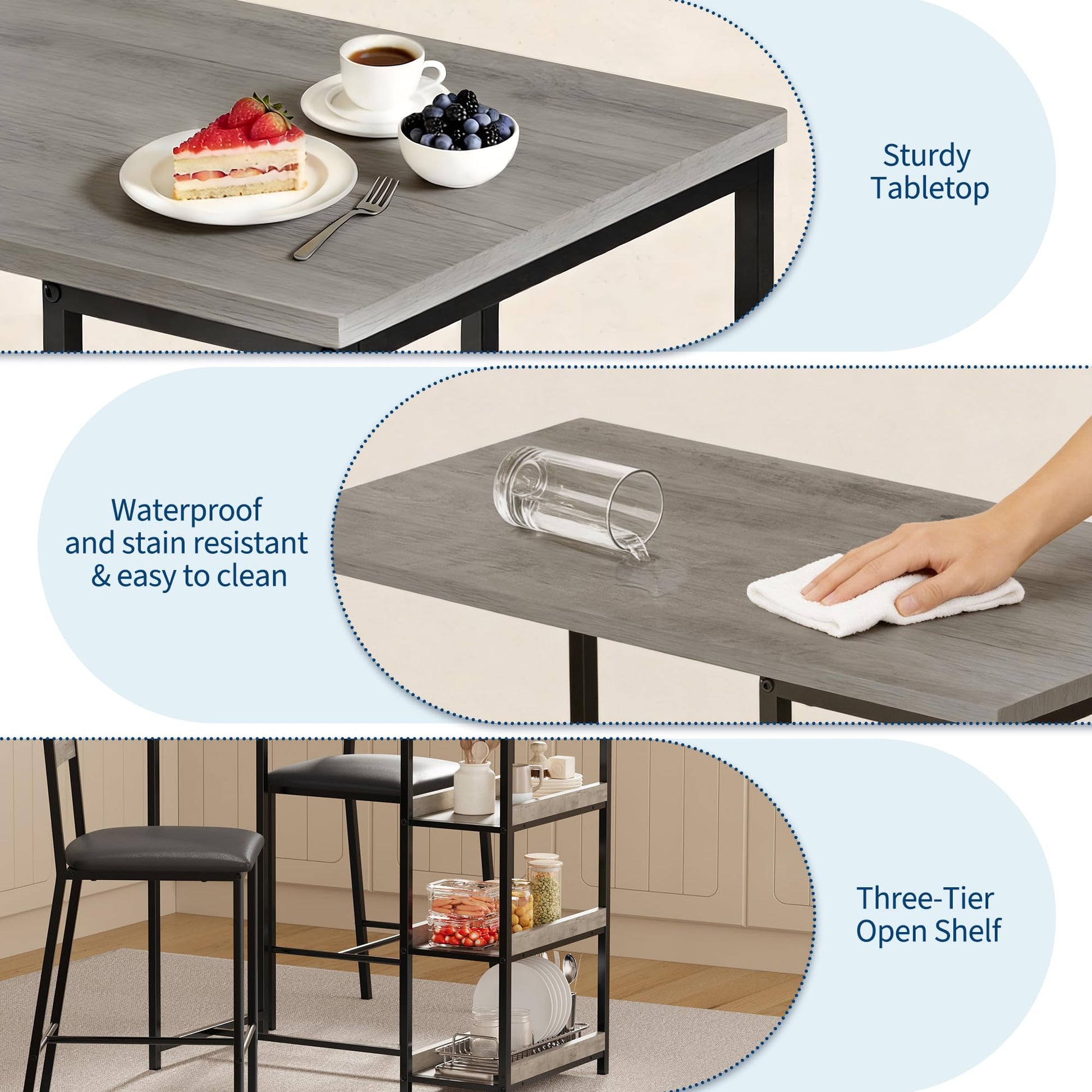 Garvee Juego De Comedor 3 Piezas Con Estantes De Almacenaje, Sillas Tapizadas, Mesa De Hierro Y Madera, Compacto, Gris, Ideal Para Apartamentos