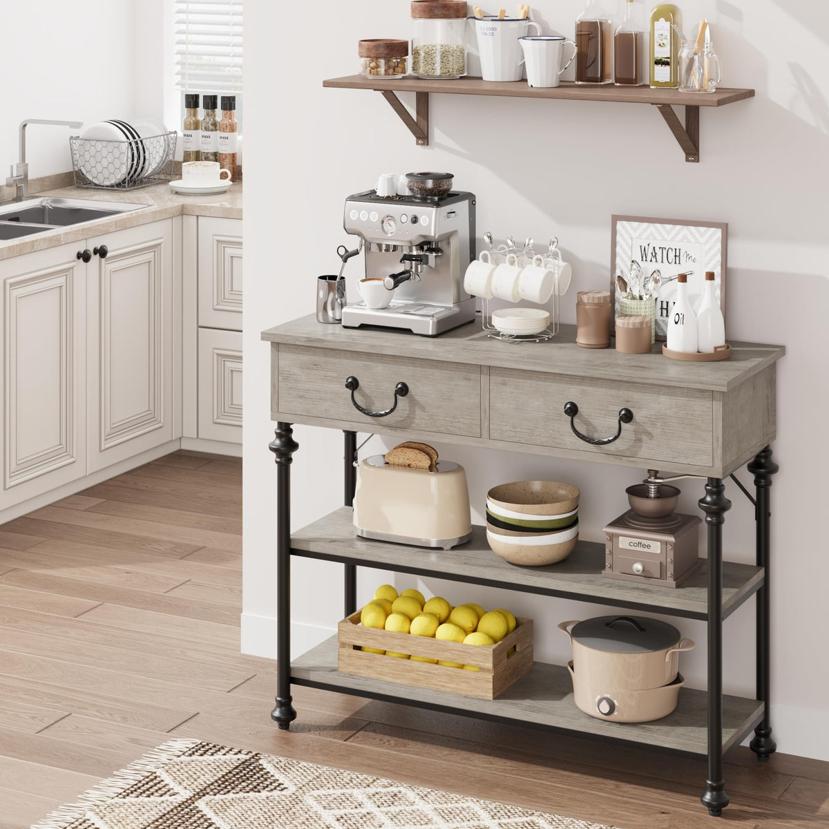 Garvee Mesa Consola Estrecha con 2 Cajones y Estantes, para Pasillos y Salas, Estilo Industrial Moderno, MDF y Tablero de Partículas, Gris Rústico, 100×30×80 cm