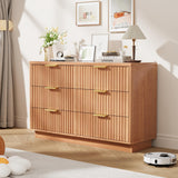 Garvee Cmoda Moderna De 6 Cajones Para Dormitorio, Almacenamiento Compacto, 47.24x15.75x29.72 In, Madera Resistente Con Tiradores Dorados - Madera Natural
