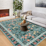 Garvee Alfombra De Interior Boho Floral Negro Vintage 200x290cm Antideslizante Fibra Sintética Suave Lavable - Verde