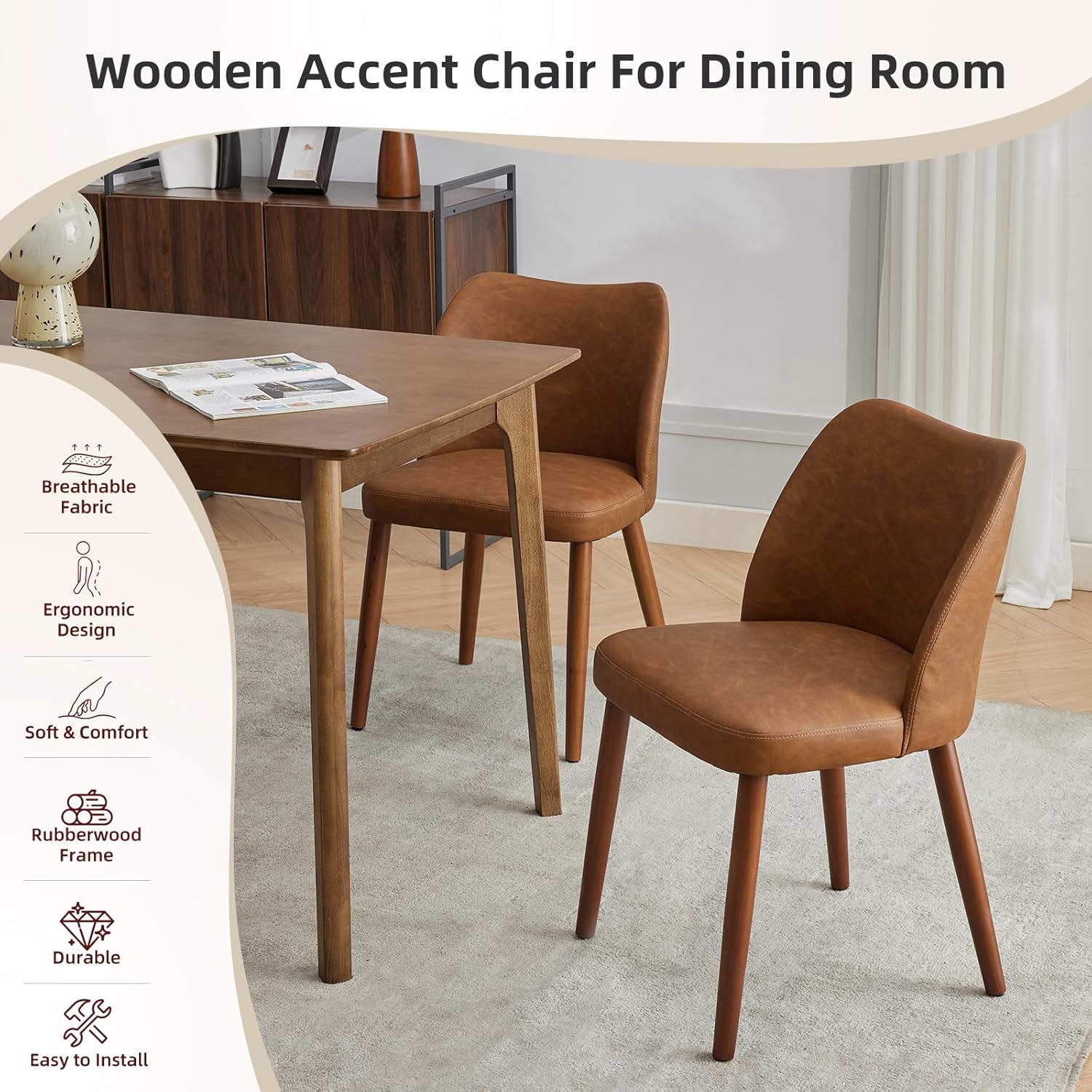 Garvee Pack de 4 Sillas para Comedor de Piel PU Estilo Wingback Asiento Acolchado con Espuma y Patas Robustas de Madera Sillas Modernas de Cocina y Salón Color Marrón