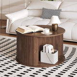 Garvee Mesa de café redonda 71cm, con almacenaje y puerta tambor giratoria, madera MDF y soporte de hierro, estilo mid-century, para sala de estar - Nogal
