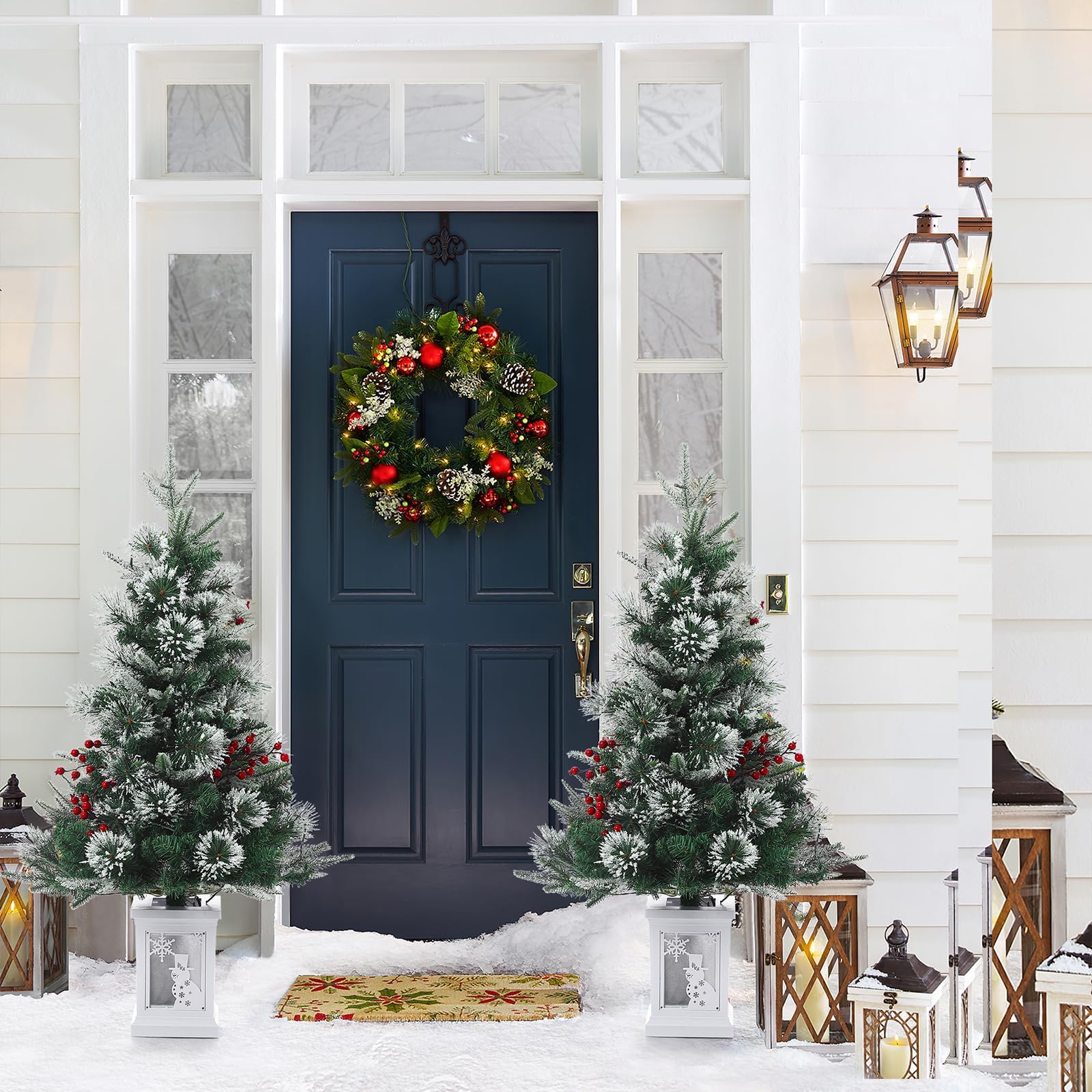 Garvee Árbol de Navidad Mini 90cm con Muñeco de Nieve, LED Blanco Cálido y Base Blanca, Decoración Festiva Preiluminada para Hogar y Oficina, 2 Paquetes