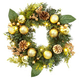 Garvee Corona de Navidad 45 cm con 15 Luces LED, Bolas Doradas y Rojas, PVC Duradero para Puerta o Chimenea, Decoración Festiva - Dorado