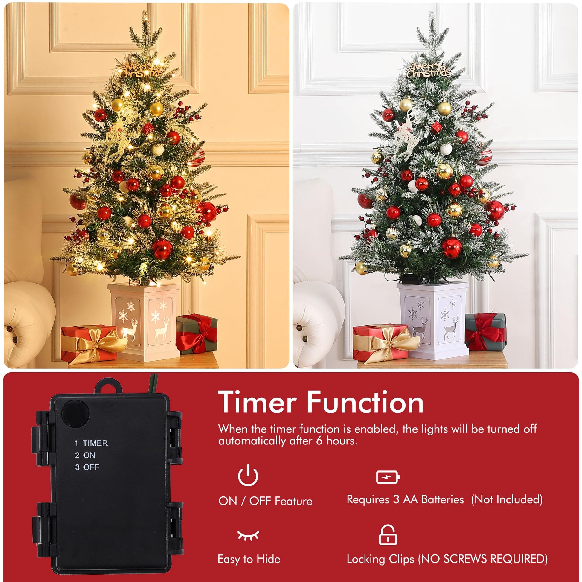 Garvee Árbol de Navidad Artificial 90cm 78 Luces LED Función Temporizador Material PE&PVC Base Blanca Estable Hogar Oficina