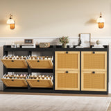 Garvee Gabinete De Zapatos Con 4 Cajones Abatibles, Gran Capacidad, Ajustable, MDF Y Ratán, Antivuelco Para Entrada Y Pasillo, Negro, 4 Cajones