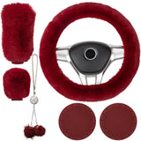 Garvee Set De 6 Accesorios Para Coche Para Mujer, Funda De Volante De Felpa Suave, Color Vino, Para SUV Y Coches - Traje Rojo Vino