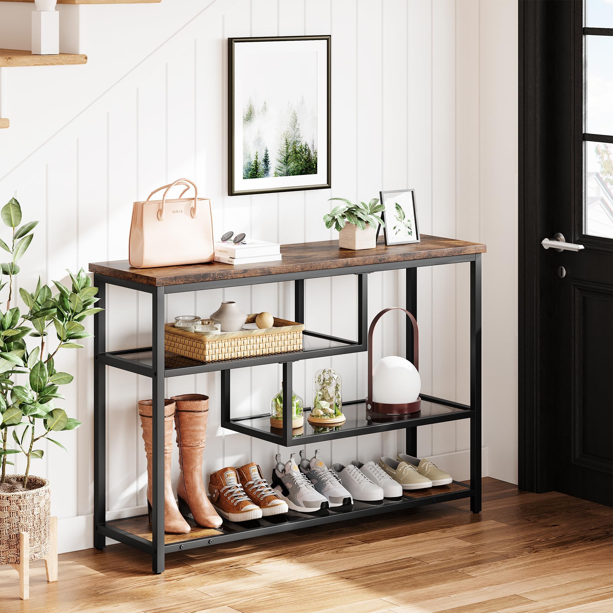 Mesa consola de cien centimetros de estilo industrial con estantes de madera metal y vidrio gris Garvee