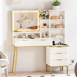 Garvee Escritorio Tocador Fluted con Espejo Iluminado, 3 Colores LED Ajustables, 5 Cajones, Estación de Carga, Blanco y Dorado para Dormitorio