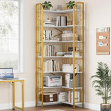 Garvee Estantería de Esquina en Forma de L con Sistema Antivuelco para Lectores en Sala o Dormitorio 218cm Madera - Blanco & Dorado