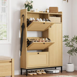 Garvee Gabinete Para Zapatos Con 3 Cajones Abatibles Y 4 Estantes Ajustables, Rattan Y MDF, Organizador Para Entrada Y Pasillo, Patas Metálicas Estables, Color Natural - Roble Claro