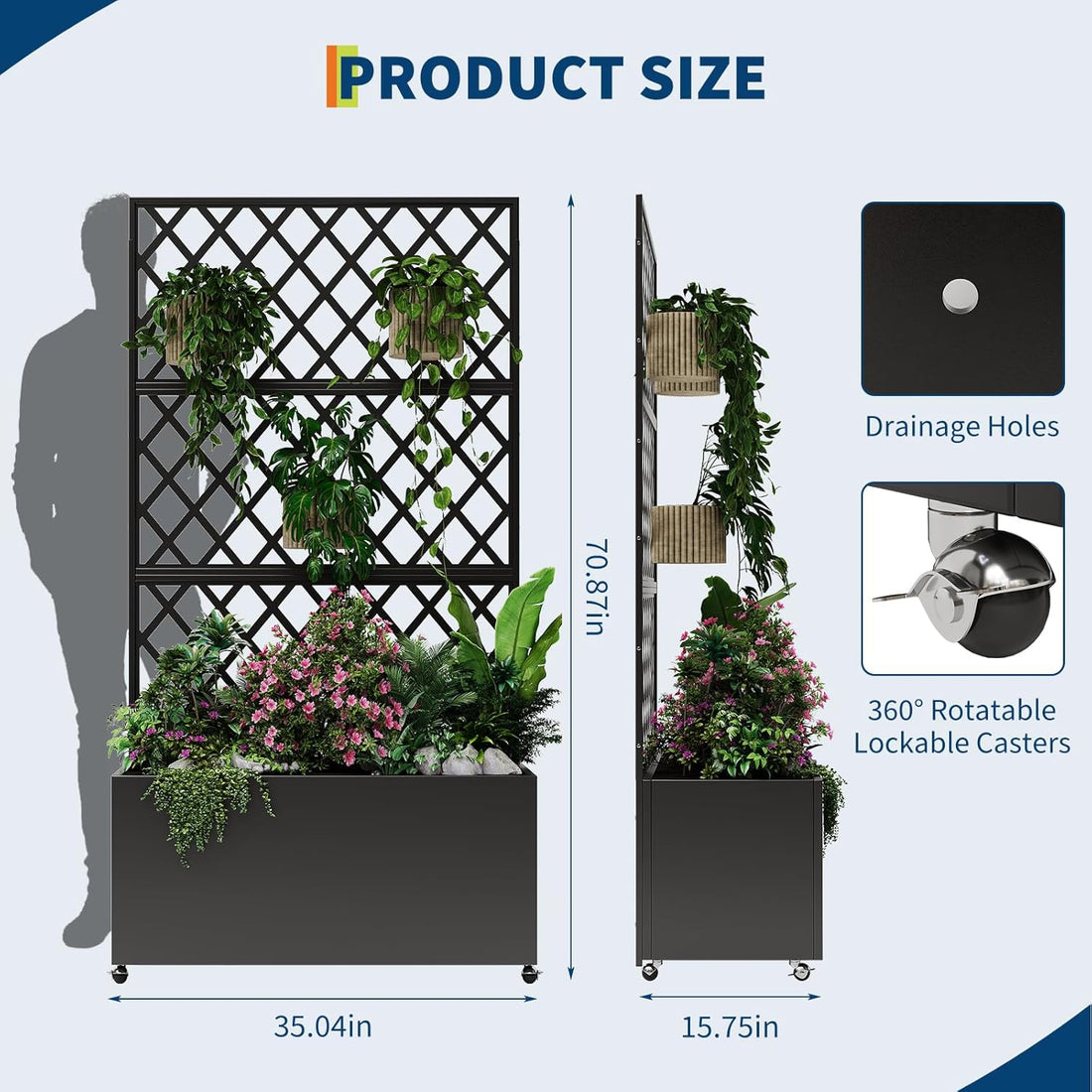 Garvee Jardinera Elevada de Acero Galvanizado Enrejado Ruedas Bloqueables Con Drenaje Fácil Montaje Resistente Versátil 89x180cm Patio Balcón Negro