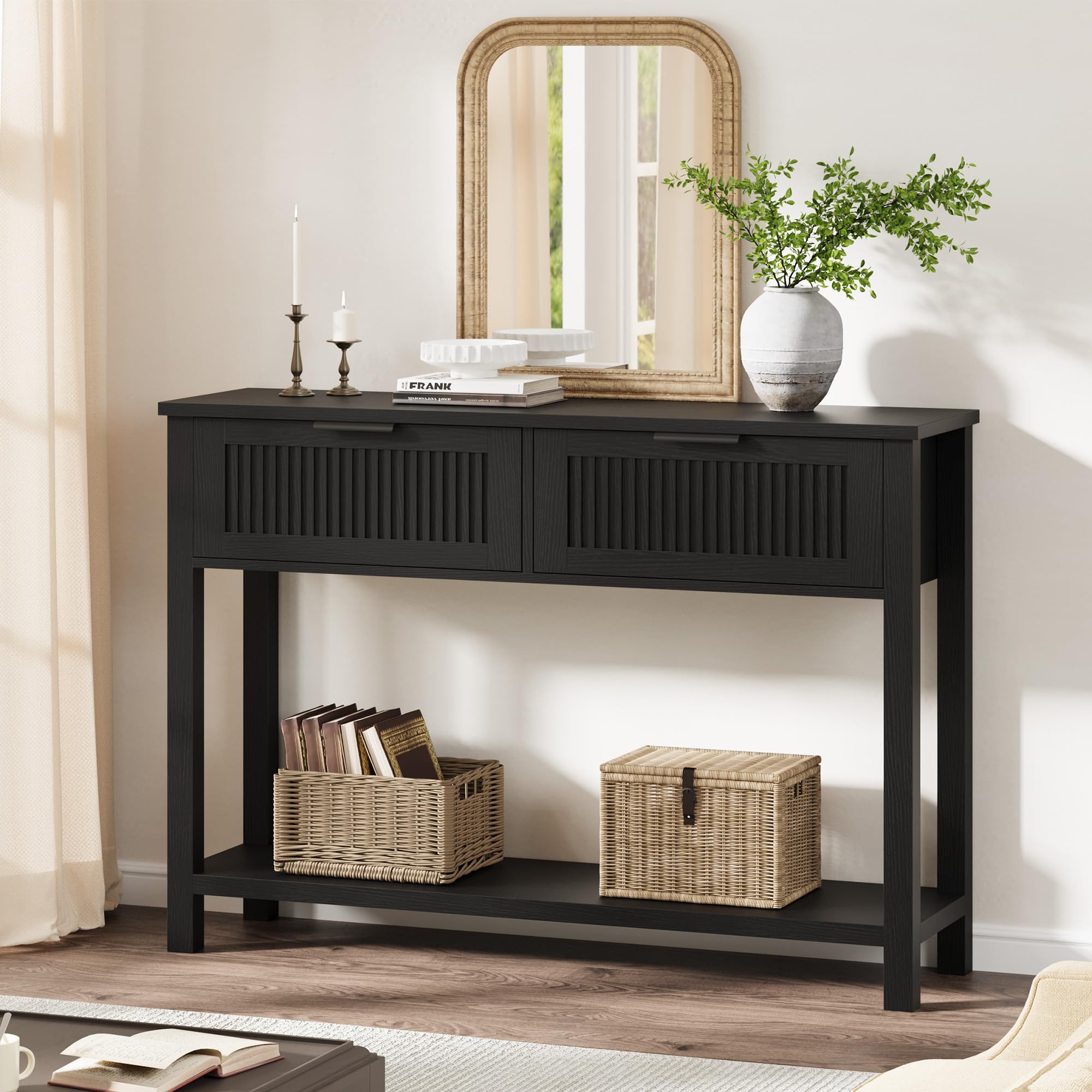 Mesa de entrada consola moderna con relieve de madera de color negro Garvee