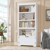 Garvee Estantería Librería de 5 Niveles con 2 Puertas y Estantes Ajustables 175x80 cm Mueble Organizador MDF Blanco - Blanco