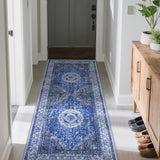 Garvee Alfombra Boho Vintage Floral 80x150 cm, Suave Terciopelo Faux Lamb, Antideslizante TPR, Lavable para Sala, Dormitorio, Cocina y Oficina - Azul Gris