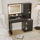 Garvee Tocador Fluted con Espejo LED y Estación de Carga para Dormitorio, Negro, Madera, Diseño Ondulado, 2 Cajones y Almacenaje - Negro