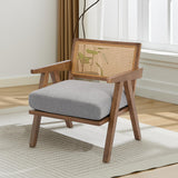 Garvee Silla De Acento Estilo Mid-Century Con Brazos De Madera, Respaldo De Rattan, Cojín De Lino Gris Para Sala Y Dormitorio - Gray