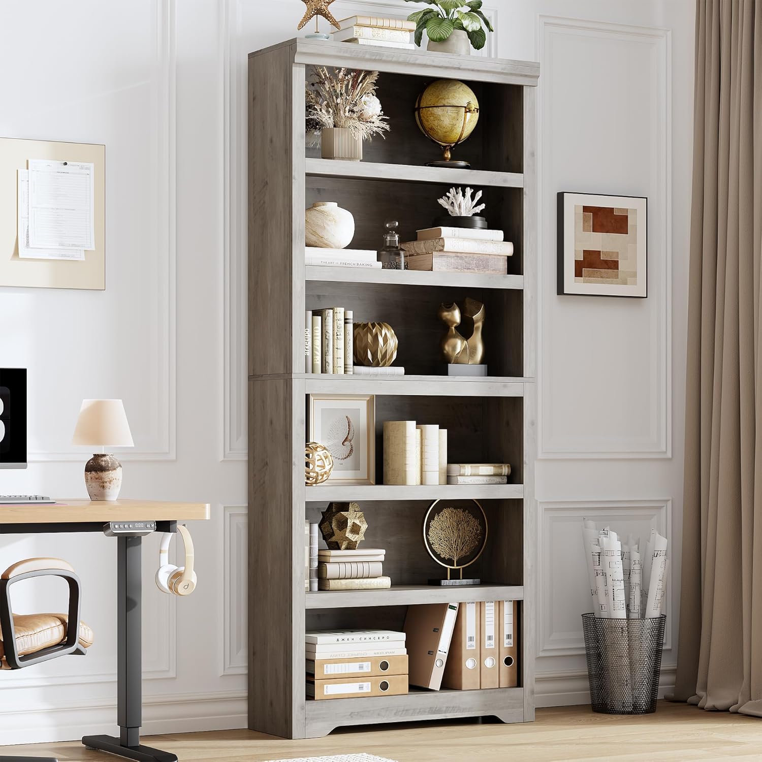 Garvee Estantería de 6 niveles alta ajustable, MDF resistente, gris, para hogar y oficina, 191cm