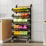 Garvee Carro De Cocina Compacto De Acero Al Carbono, 5 Niveles, Cestas De Alambre, Mango De Madera, Ruedas Con Freno, Mvil Para Cocina Y Despensa - Negro
