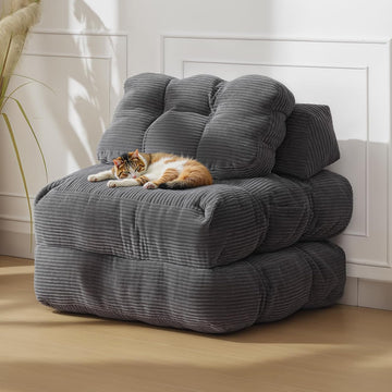 Garvee Sofá Cama Plegable Individual de Pana con Espuma Triturada, Reposacabezas Ajustable y Soporte Lumbar, Funda Lavable, para Sala y Dormitorio, Gris Oscuro