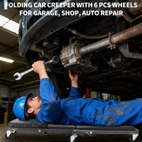 Garvee Asiento Mecánico Plegable 2 en 1 Z-Creeper 91cm 6 Ruedas Giratorias Acero Resistente 149.7kg Carga Máxima con 2 Pares de Guantes para Taller de Reparación Automotriz Negro