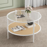 Garvee Mesa de Café Moderna de Medio Siglo con Estante de Almacenaje en Rattan PE, Tapa de Vidrio, Marco Metálico, 78 cm Redonda, Madera, Ideal para Espacios Pequeños - Blanco