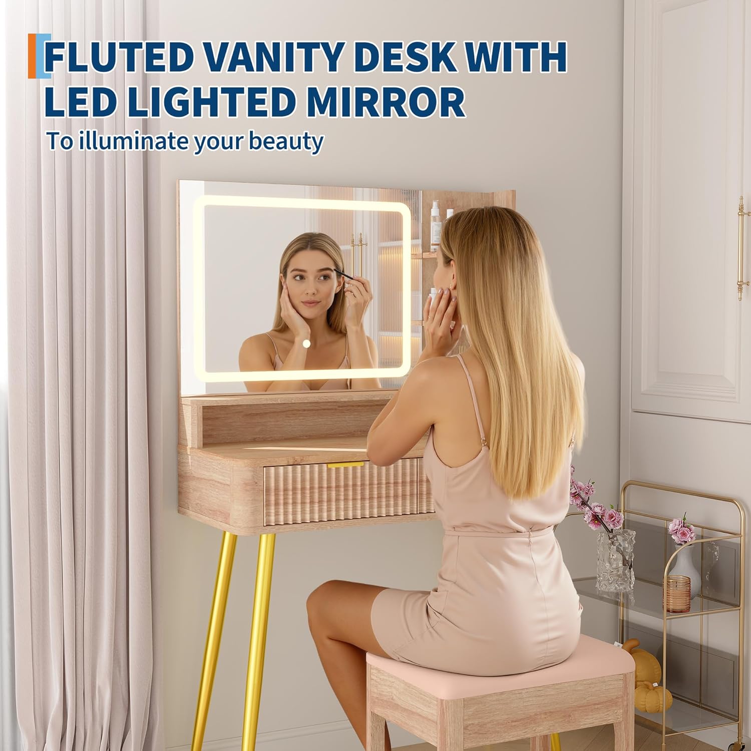 Garvee Tocador de Maquillaje 79cm con Espejo LED, 2 Cajones y Armario, Incluye Estación de Carga con Enchufe Europeo, Madera Natural