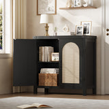 Garvee Aparador De Ratán Con Almacenamiento, Estilo Granja, Madera Natural, Bohemio, Cajones Y Estantes Ajustables Para Cocina Y Comedor - Negro