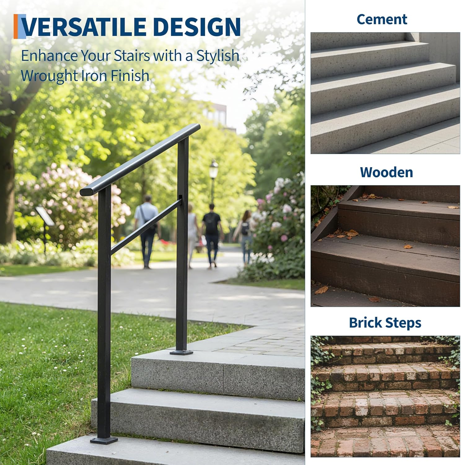 Garvee Barandilla para Escalera de 3 Peldaños Ergonómica y Estable con Accesorios de Montaje y Guantes para Exterior e Interior Negro