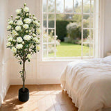 Garvee Árbol Artificial de Rosas 150 cm - Realista, Forma de Hongo, Rosas de Seda Blancas, Maceta Negra, Decoración para Salón y Oficina - Maceta redonda negra