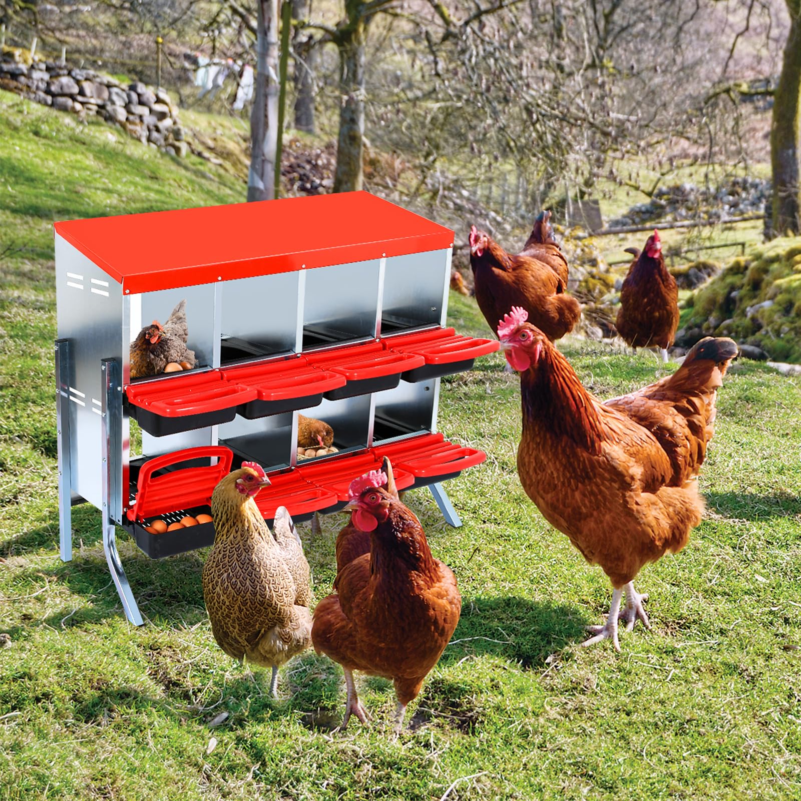 Garvee Caja de Nido para Gallinas 2 Niveles 8 Compartimentos con Soporte Metálico, Acero Galvanizado 0.6mm con Tapa Esmaltada, Techo Impermeable, Ventilación Superior, Rojo
