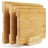 Garvee Set de 3 Tablas de Cortar de Bambú Natural con Soporte Base para Cocina 43x30cm 38x28cm y 33x25cm Color Madera