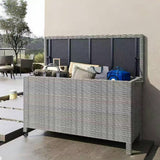 Garvee Caja De Almacenamiento Para Patio 150 Gal Rattan Impermeable Con Ruedas 360° Y Soporte Metálico, Banco Multifuncional Para Jardín 55x23.5x31.5 In - Gris