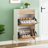 Garvee Gabinete De Almacenaje De Ratán Natural Con 2 Cajones Abatibles, Estante Ajustable, Patas Metálicas Para Entrada Y Pasillo, Madera Resistente, Natural - Acero Inoxidable & Blanco & Roble