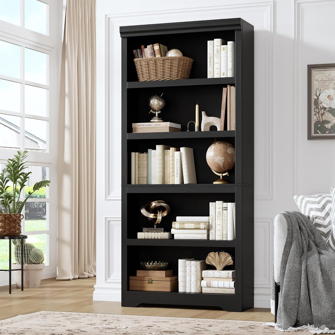 Garvee Estantería de 5 niveles ajustable 175cm de alto, MDF resistente, negra, para sala y oficina