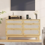 Garvee Cómoda de Cajones de Ratán con Puertos USB y Enchufes, 6 Cajones, Marco de Madera Natural, Diseño Antideslizante, para Dormitorio y Sala de Estar, 40×132×79 cm, Natural