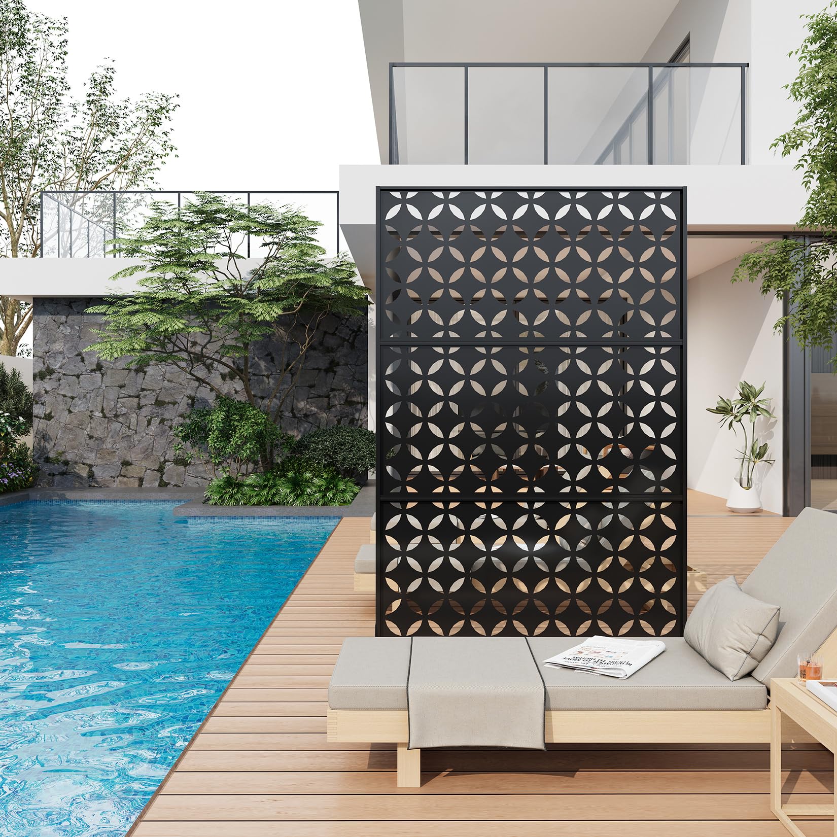 Pantalla de privacidad metalica autoportante para jardin color negro diseño geometrico de celosia Garvee