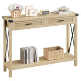 Garvee Mesa consola entrada tabla densidad metal rattan 2 cajones X-dise?o rústico 110x30x78cm interior sala pasillo color madera natural - Color Madera Unicolor