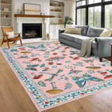 Garvee Alfombra Lavable Moderna con Motivos Florales e Insectos, Antideslizante, Poliéster, para Dormitorio Infantil y Comedor, Plegable, Multicolor - Rosa oscuro