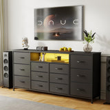 Garvee Mueble TV 160 cm para TV Hasta 75" con 12 Cajones, Estación de Carga, LED, Tela y Metal, Sala o Dormitorio, Ajuste Nivelable, Color Variado - Negro