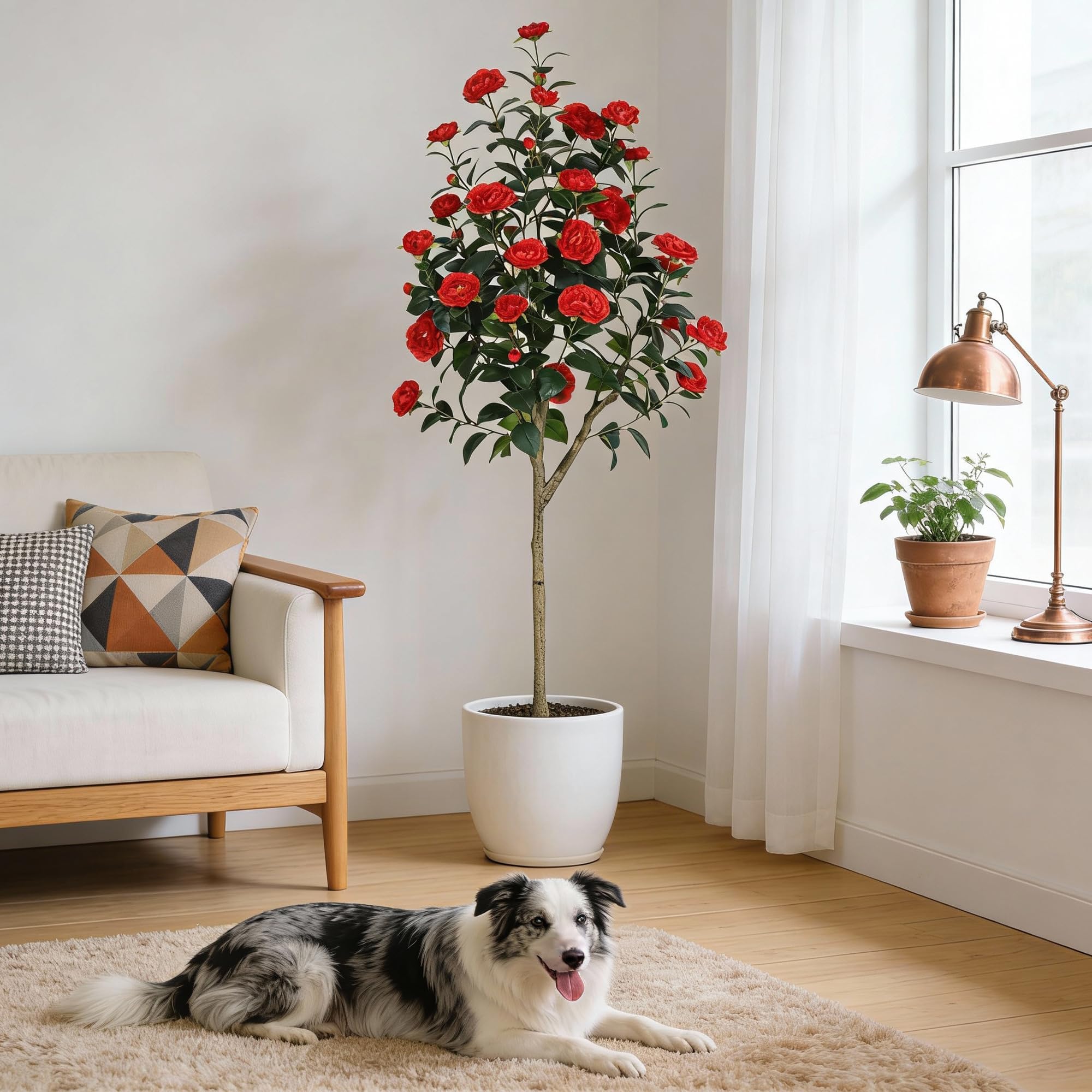 Arbol artificial de camelia de ciento cincuenta y dos centimetros con flores rojas decorativas Garvee